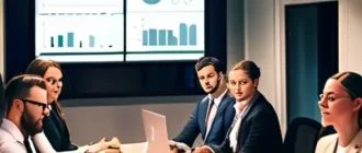 Команда рекрутеров обсуждает стратегию turnkey-рекрутинг-процесса на совещании с анализом KPI