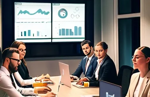 Команда рекрутеров обсуждает стратегию turnkey-рекрутинг-процесса на совещании с анализом KPI
