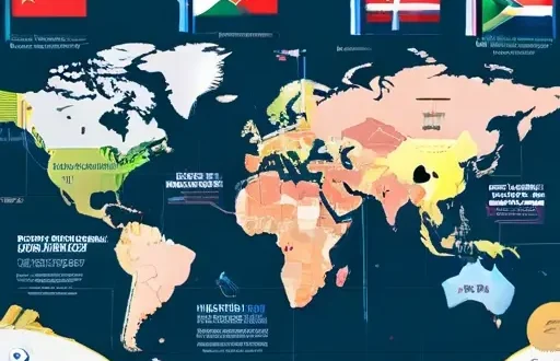 Инфографика: BRICS и карта мировой торговли с торговыми маршрутами, валютными символами и логистическими узлами