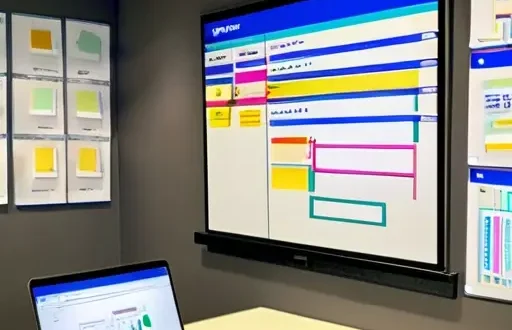 Сотрудники HR работают с визуализацией потока ценности и доской Kanban, символизирующие Lean HR