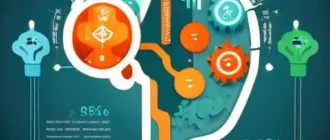 Иллюстрация ментальной модели управления финансами: мозг с шестернями и графики роста на горизонте