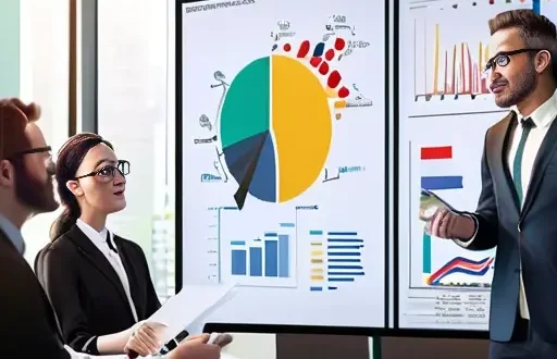 HR команда анализирует ROI, графики и диаграммы на цифровой панели