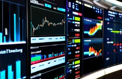Иллюстрация фондового рынка с ETF на цифровой панели, визуализирующая минимальные расходы и концепцию индексных стратегий