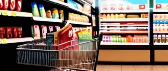 Покупатель в магазине с корзиной, на полках видны цены и акции, на фоне график инфляции