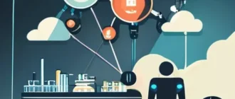 Иллюстрация цифровой трансформации: IoT, AI, облака и кибербезопасность в современном бизнесе.